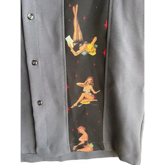 Vintage Steady Last Call Men's Shirt M Short Sleeve Gray Button Pinup Girls - Picture 5 of 12